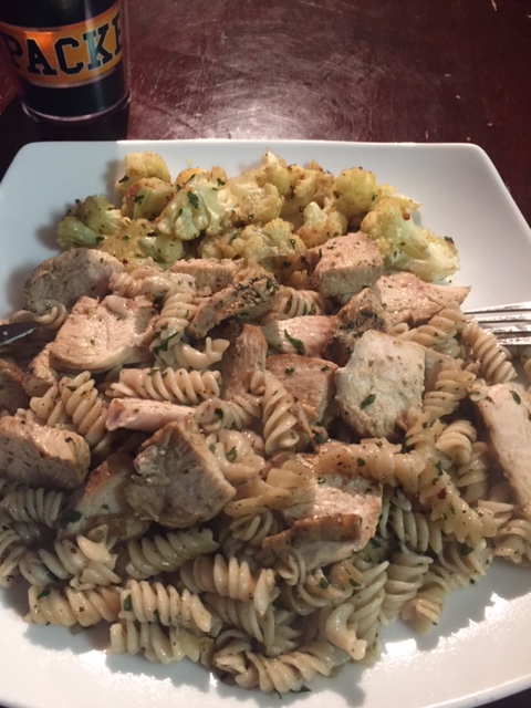 Roasted Chicken, brown rice pasta, and roasted cauliflower